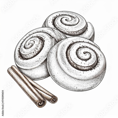 Three Cinnamon Rolls with Cinnamon Sticks on White Background Illustration