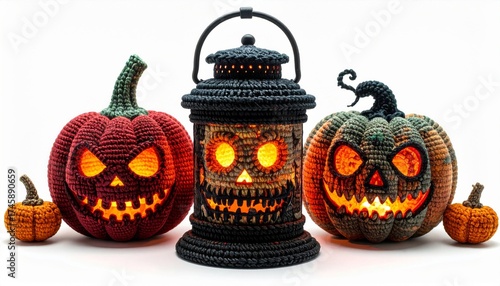 Halloween Decoration with Two Pumpkins and A Glowing Lantern on White Background