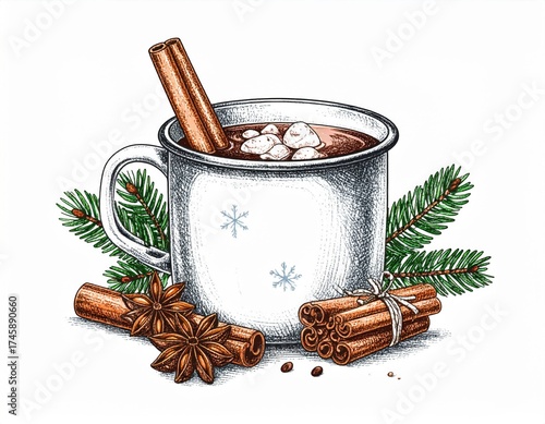 Delicious Hot Chocolate with Cinnamon Sticks and Marshmallows Illustration