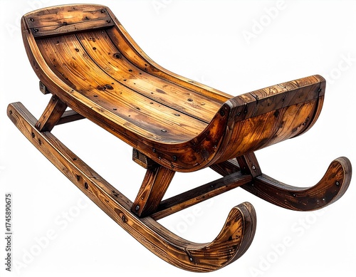 Antique Wooden Sled on White Background with Dark Brown Aged Wood and Visible Fasteners