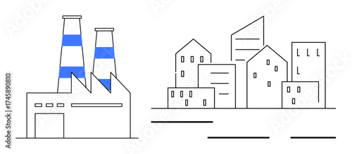 Contemporary cityscape juxtaposed with industrial factory featuring tall striped chimneys. Ideal for urbanization, industry, modern architecture, technology, innovation, development dynamics