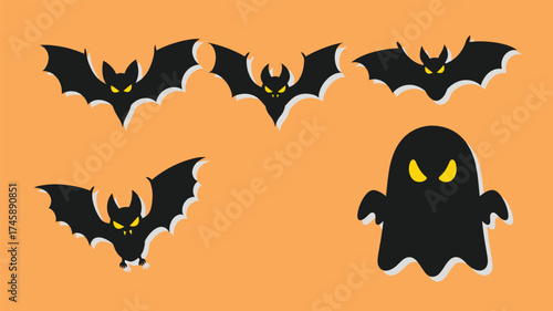 Collection of spooky Halloween bats and a ghost silhouette with glowing eyes.