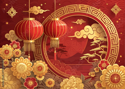 Illustration of chinese new year decorations with lanterns and golden floral elements on a red background