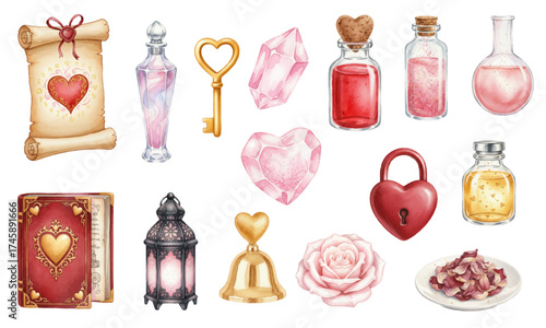 Magical Watercolor Love Potion Set – Scrolls, Keys, and Gems