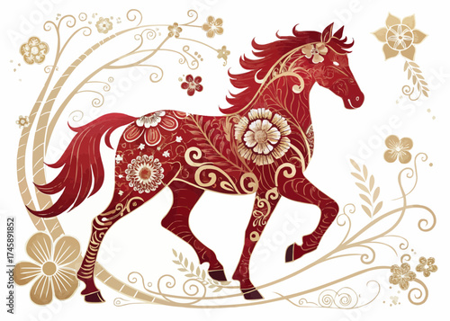 Illustration of a red horse with floral patterns and golden accents on a white background design art