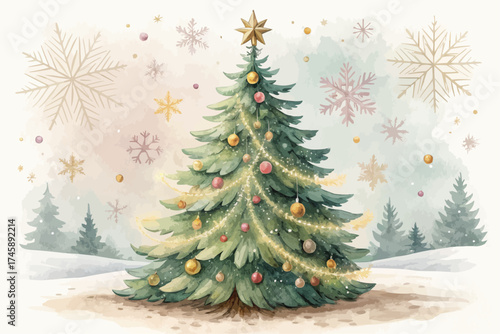 Watercolor christmas tree with ornaments and star in a snowy winter wonderland scene depiction