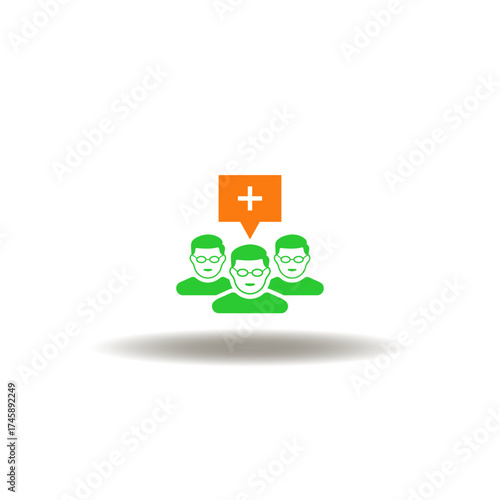 Vector illustration of patients group and speech bubble with medical cross. Symbol of public health.