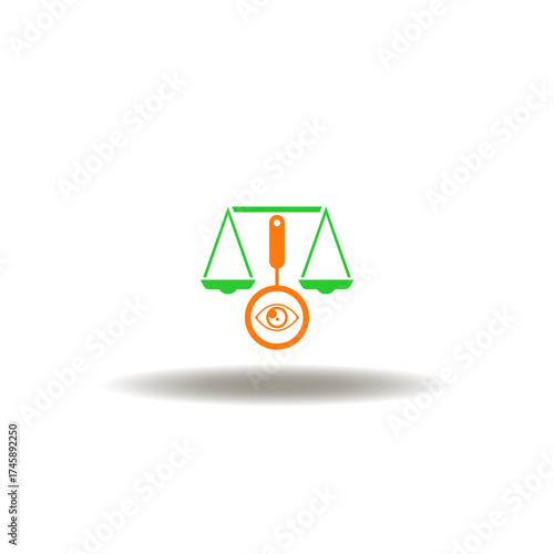 Vector illustration of law balance or scale and magnifying glass with eye. Symbol of compliance. Icon of regulation.