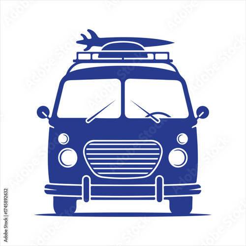 Vector art of front view silhouette of a vintage van with a surfboard on the roof