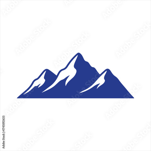 Vector art of a stylized blue silhouette of majestic mountain peaks with snowcapped ridges, isolated on a