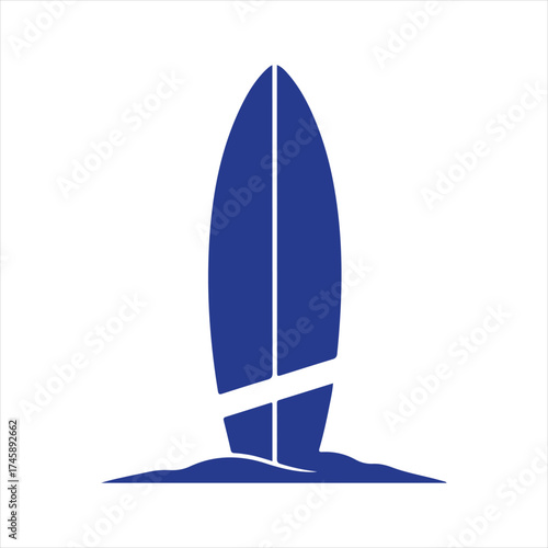 Vector art of blue surfboard standing upright on a sandy beach