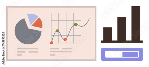 Pie chart, line graph, bar chart, and progress bar representing data analysis, trends, and growth. Ideal for business, finance, research strategy reports presentations simple flat metaphor