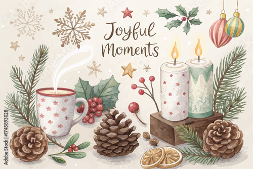 Watercolor christmas still life with mug candles pinecones and festive decorations arranged beautifully