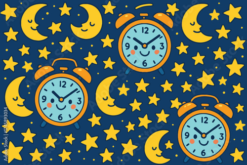 Whimsical night sky with smiling moons stars and cute alarm clocks