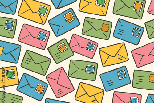Seamless pattern of colorful hand drawn envelopes with stamps for mail communication and correspondence