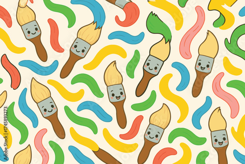 Cute kawaii paint brushes with colorful wavy strokes seamless pattern