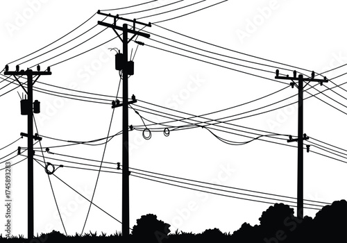 Complex network of electric telephone poles with tangled wires, minimalist black silhouette vector illustration, communication chaos, urban connection, modern artwork, design.