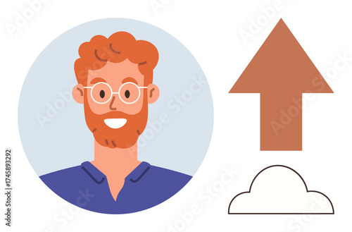 Smiling man in a circle, brown upward arrow, cloud outline symbolizing growth, opportunity, optimism, success, personal development, career progress, motivation digital transition simple flat