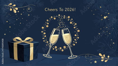 Illustration of champagne glasses toasting with a gift box and cheers to year two thousand twenty six