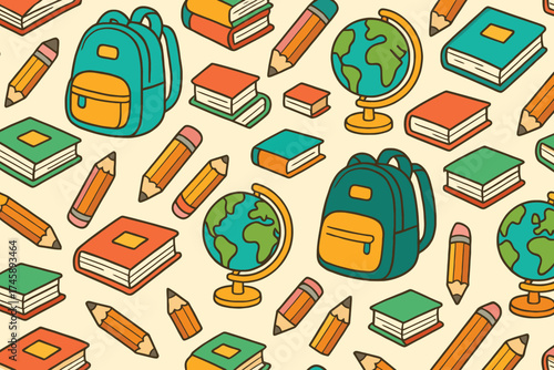 Seamless pattern of colorful school supplies including backpacks globes and books for education and learning
