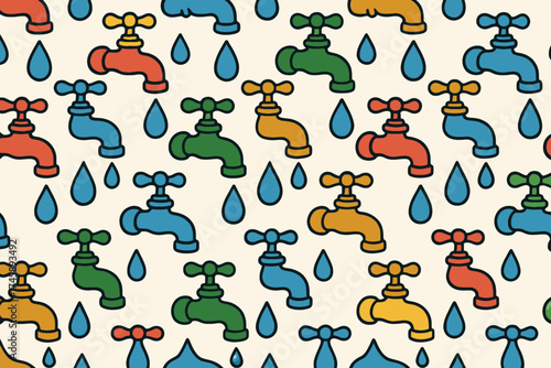 Seamless pattern of colorful vintage faucets with dripping water drops on a cream background