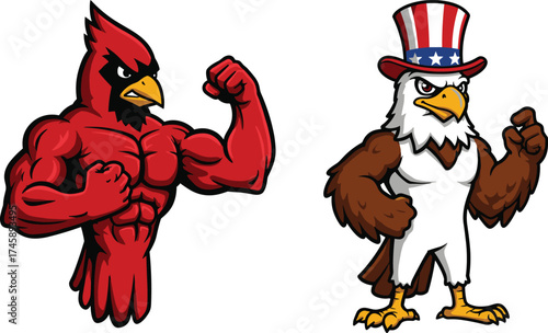 Muscular cartoon birds, strong cardinal flexing, patriotic bald eagle, American symbolism, strength and power, animal mascot, sports logo, vector illustration