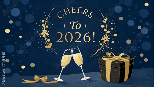 Cheers to 2026 with champagne glasses, gift box, and golden accents against a dark blue background design