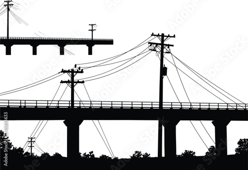 Silhouette of bridge and powerlines, utility poles on highway overpass, electric infrastructure, black and white illustration, urban development scene