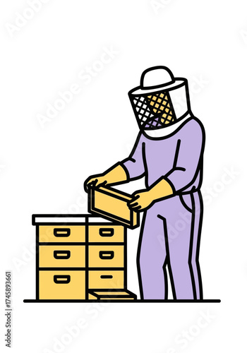 Flat Vector Illustration of Beekeeper Inspecting a Beehive