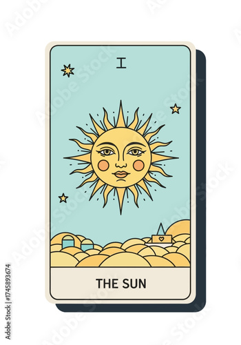 The Sun Tarot Card Esoteric Flat Vector Illustration