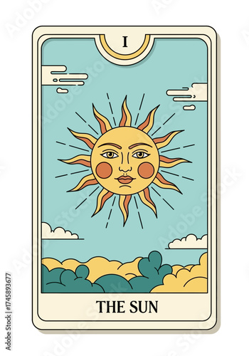 The Sun Tarot Card Vintage Flat Vector Illustration