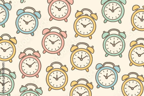 A cheerful and colorful seamless pattern of hand drawn alarm clocks in various pastel shades