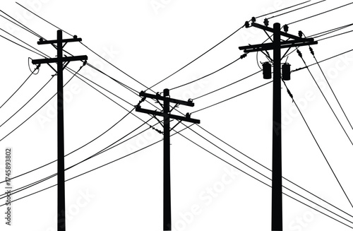 Silhouette of electric utility poles with multiple power lines, electricity transmission, urban energy infrastructure, industrial connection, vector illustration, black and white.
