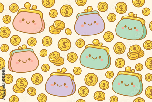 Cute kawaii wallets and gold coins seamless pattern for financial and savings themes