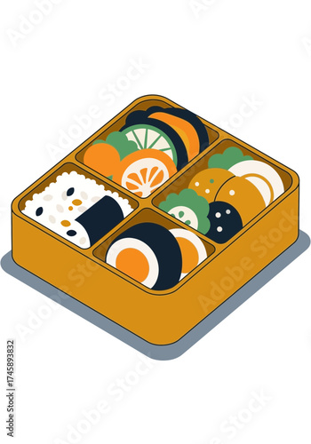 Colorful Flat Vector Illustration of Traditional Japanese Bento Box