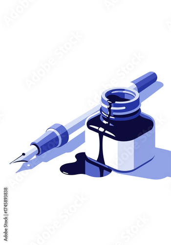 Isometric Flat Vector Fountain Pen and Spilled Ink Bottle
