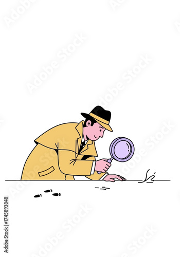 Flat Cartoon Detective Investigating Clues With Magnifying Glass