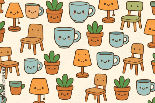 Cute kawaii style seamless pattern featuring adorable cartoon lamps mugs and potted cacti