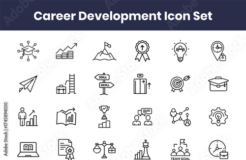 Modern line career development icon set with growth, goal, skill, success, leadership, training, motivation, and achievement symbols with transparent Background.