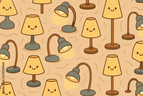 Seamless pattern of cute cartoon desk lamps with happy faces and warm glowing light