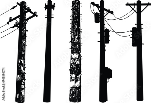 Silhouette utility poles, five pole variations, posters and transformers, power line system, electricity distribution, urban infrastructure, black outline, voltage grid, energy network