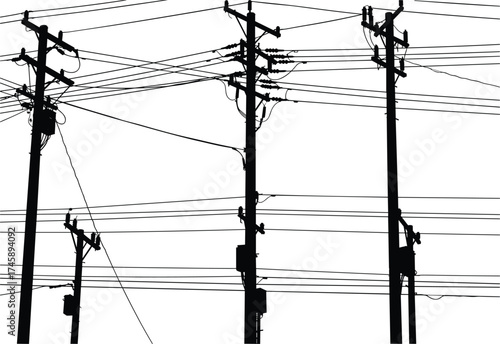 Silhouette utility poles, complex power line network, transformers and insulators, electricity distribution, urban infrastructure, black outline, voltage grid, overhead wires, energy system