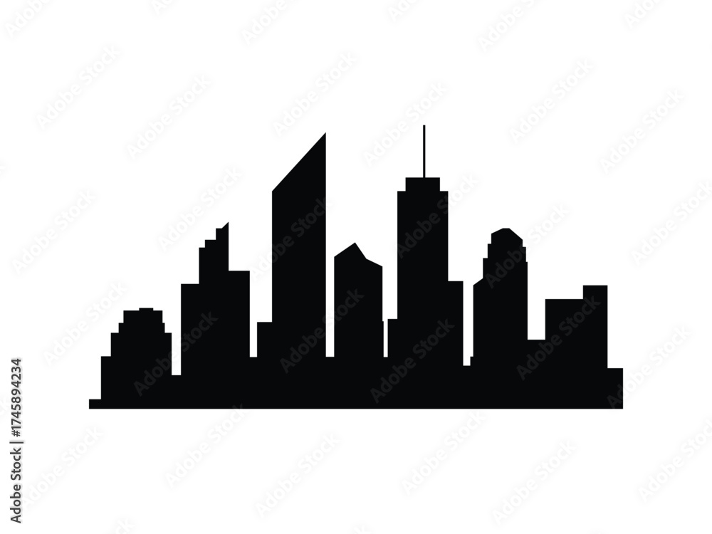 Naklejka premium City skyline silhouette. Skyscrapers and towers forming a minimal horizon. Black vector graphic for design and layouts.