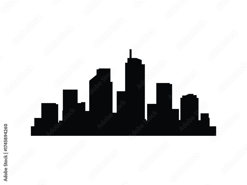 Naklejka premium City skyline silhouette. Central tower and compact skyscrapers. Modern black vector for branding and templates.