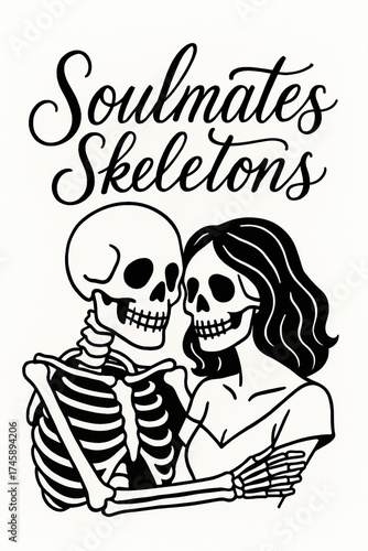 Soulmates Skeletons: A captivating black and white line art illustration featuring an embracing gothic romantic couple, symbolizing eternal and undying love. Perfect for unique Halloween decor, Valent