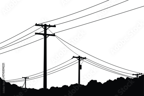 Silhouette utility poles, receding pole sequence, uneven terrain with vegetation, power line system, electricity distribution, black outline, voltage grid, perspective landscape