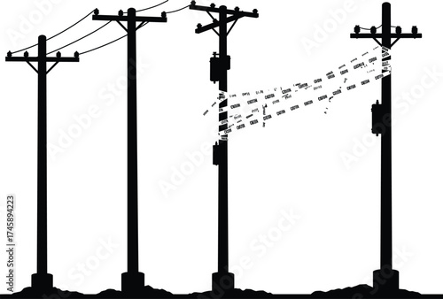 Silhouette utility poles, progressive damage stages, broken and fragmented poles, power line failure, electricity distribution, urban infrastructure, black outline, voltage grid