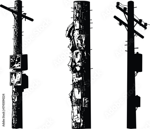 Silhouette utility poles, posters and equipment, transformers and insulators, power line system, electricity distribution, urban infrastructure, black outline, voltage grid