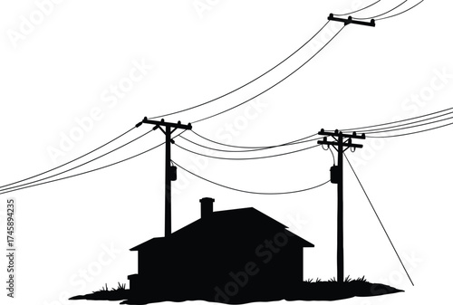 Silhouette utility poles, residential house with power lines, three pole network, transformers and insulators, electricity distribution, black outline, voltage grid, urban design