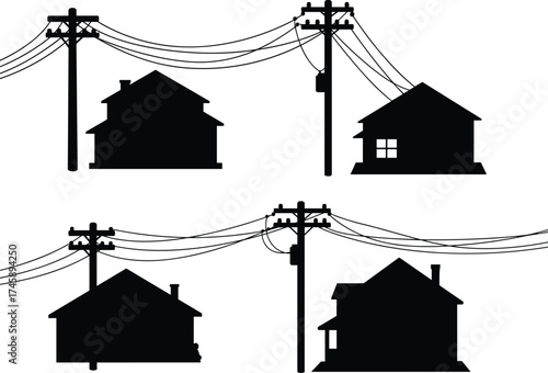 Silhouette utility poles, residential houses with power lines, four house connections, transformers and insulators, electricity distribution, black outline, voltage grid, suburban network